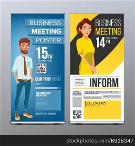 Roll Up Banner Vector. Vertical Billboard Template. Businessman And Business Woman. Tech, Science. For Corporate Forum. Presentation Concept. Blue, Yellow. Realistic Flat Illustration. Roll Up Display Vector. Vertical Poster Template Layout. Businessman And Business Woman. Parade, Events. For Business Meeting. Advertising Concept. Blue, Yellow. Business Cartoon Illustration