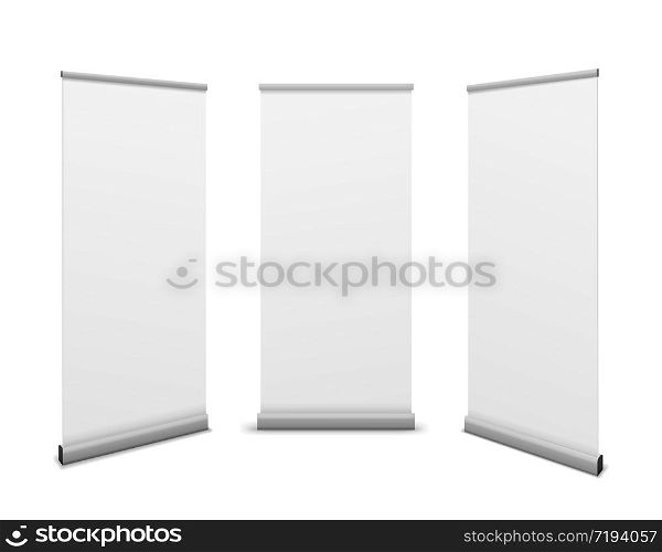 Roll up banners. Advertising billboard, promotional white poster mockup, empty info stand template exhibition or conference presentation vector set. Roll up banners. Advertising billboard, promotional white poster mockup, empty info stand template exhibition presentation vector set