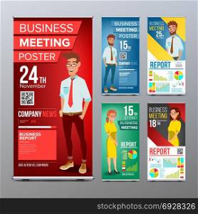 Roll Up Display Set Vector. Vertical Poster Template Layout. Businessman And Business Woman. Tech, Science. For Business Meeting. Advertising Concept. Business Cartoon Illustration. Roll Up Stand Set Vector. Vertical Flag Blank Design. Businessman And Business Woman. For Business Conference. Invitation Concept. Illustration