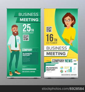 Roll Up Display Vector. Vertical Poster Template Layout. Businessman And Business Woman. Tech, Science. For Business Meeting. Advertising Concept. Green, Yellow. Business Cartoon Illustration. Roll Up Stand Vector. Vertical Flag Blank Design. Businessman And Business Woman. For Business Conference. Invitation Concept. Green, Yellow. Modern Flat Illustration