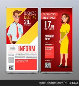 Roll Up Display Vector. Vertical Poster Template Layout. Businessman And Business Woman. Tech, Science. For Business Meeting. Advertising Concept. Red, Yellow. Business Cartoon Illustration. Roll Up Stand Vector. Vertical Flag Blank Design. Businessman And Business Woman. For Business Conference. Invitation Concept. Red, Yellow. Modern Flat Illustration