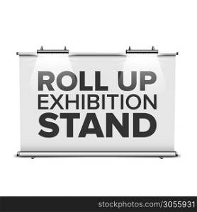 Roll Up Exhibition Stand With Backlighting Vector. Horizontal Stand With Lighting Lamps, Commercial Advertising Or Promotion Banner With Backlight. Template Realistic 3d Illustration. Roll Up Exhibition Stand With Backlighting Vector
