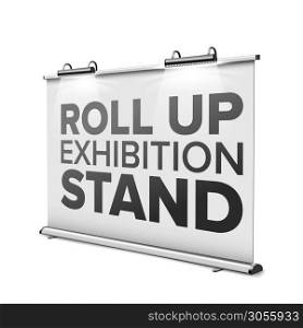 Roll Up Exhibition Stand With Modern Lamps Vector. Horizontal Stand Display With Lighting Backlight And Aluminum Frame, Promotion Banner With Scones. Template Realistic 3d Illustration. Roll Up Exhibition Stand With Modern Lamps Vector