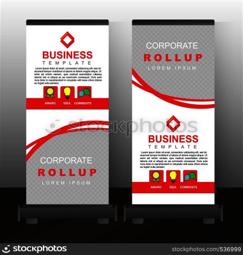 Roll up red banner commercial template design. Concept business creative graphic stand vector.