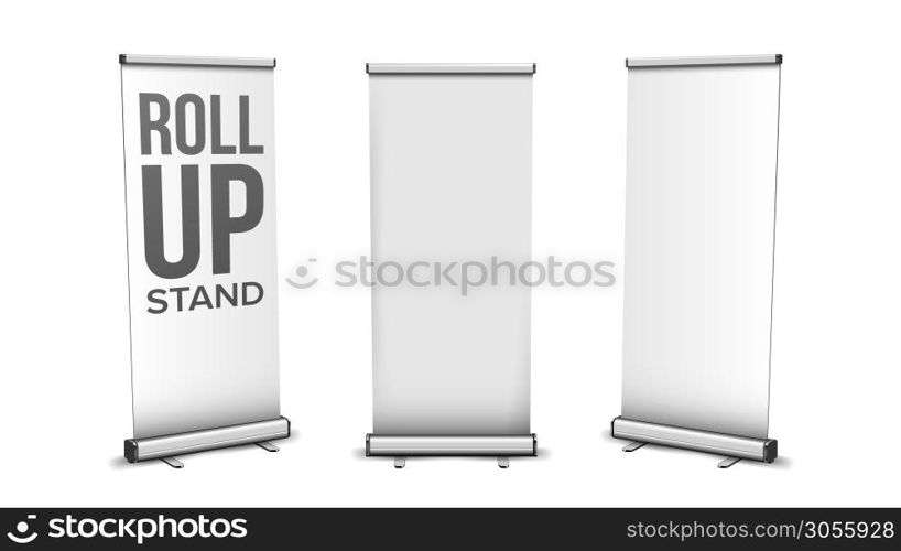 Roll Up Stand Collection In Different View Vector. Blank Vertical Stand, Commercial Advertising Or Promotion Banner, Presentation Empty Board Screen. Template Realistic 3d Illustration. Roll Up Stand Collection In Different View Vector