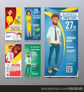 Roll Up Stand Set Vector. Vertical Flag Blank Design. Businessman And Business Woman. For Business Conference. Invitation Concept. Illustration. Roll Up Banner Set Vector. Vertical Billboard Template. Businessman And Business Woman. Expo, Presentation, Festival. For Corporate Forum. Presentation Concept. Realistic Flat Illustration