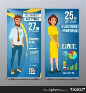 Roll Up Stand Vector. Vertical Flag Blank Design. Businessman And Business Woman. Market, Exhibition. For Business Conference. Invitation Concept. Blue, Yellow. Modern Flat Illustration. Roll Up Banner Vector. Vertical Billboard Template. Businessman And Business Woman. Tech, Science. For Corporate Forum. Presentation Concept. Blue, Yellow. Realistic Flat Illustration
