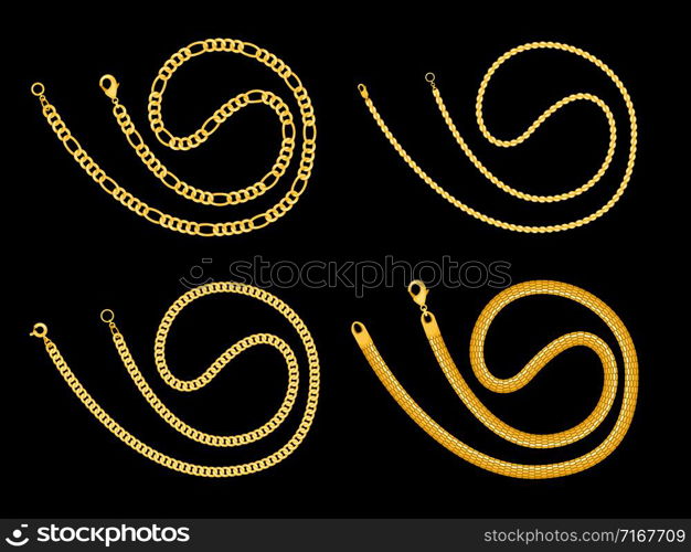 Rolled gold chain collection isolated on black. Gold metal fashion, accessory golden illustration vector. Rolled gold chain collection isolated on black
