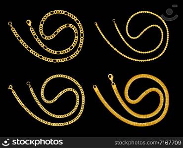 Rolled gold chain collection isolated on black. Gold metal fashion, accessory golden illustration vector. Rolled gold chain collection isolated on black