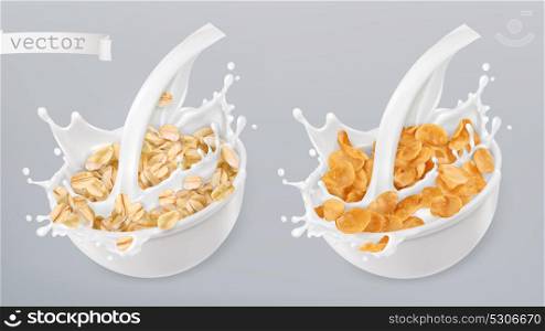 Rolled oats and milk splashes. Corn flakes. 3d realistic vector icon set