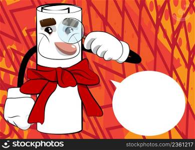 Rolled paper with red ribbon as a diploma holding a magnifying glass. Cartoon Character.