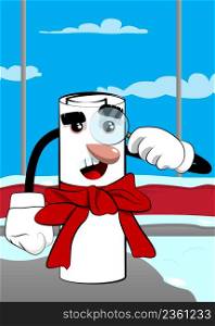 Rolled paper with red ribbon as a diploma holding a magnifying glass. Cartoon Character.