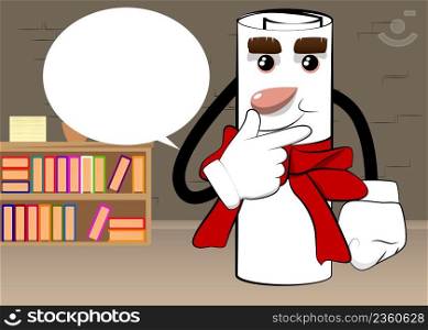 Rolled paper with red ribbon as a diploma holding finger front of his mouth. Cartoon Character.