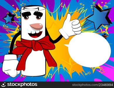 Rolled paper with red ribbon as a diploma making thumbs up sign. Cartoon Character.