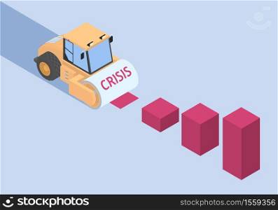 Roller and histograms in isometric. The road roller is a symbol of the crisis and it is destroying the economy.