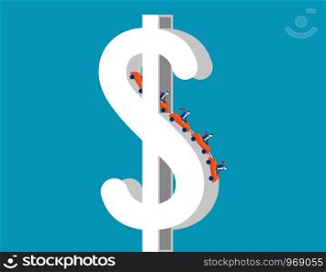 Roller coaster on dollar sign depicting up and downs of business. Concept business illustration. Vector metaphor business.