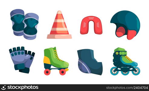 Roller items. Accessories for urban skate park retro rollers of 80s gloves helmet healthy activities tools garish vector cartoon illustrations. Roller fitness equipment to protect and safety work out. Roller items. Accessories for urban skate park retro rollers of 80s gloves helmet healthy activities tools garish vector cartoon illustrations