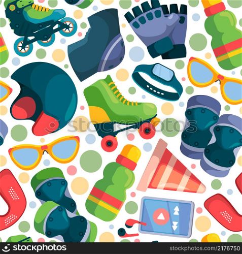 Roller pattern. Active items from skate park seamless background for textile design projects disco party 80s template garish vector picture. Illustration activity pattern roll. Roller pattern. Active items from skate park seamless background for textile design projects disco party 80s template garish vector picture