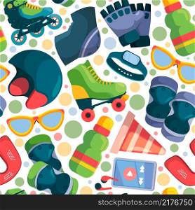 Roller pattern. Active items from skate park seamless background for textile design projects disco party 80s template garish vector picture. Illustration activity pattern roll. Roller pattern. Active items from skate park seamless background for textile design projects disco party 80s template garish vector picture