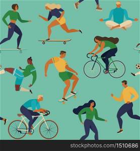 Roller skates, running, bicycle, walk, yoga. Vector seamless pattern with active young people. Healthy lifestyle. Design elements.