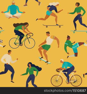 Roller skates, running, bicycle, walk, yoga. Vector seamless pattern with active young people. Healthy lifestyle. Design elements.