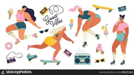 Roller skating girls with record player dancing vector image