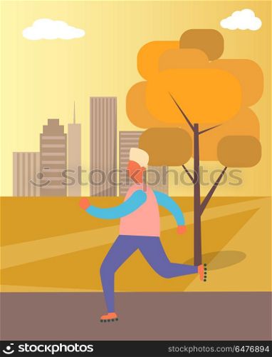 Roller-skating Man in Park Vector Illustration. Roller-skating man having fun in park in autumn, with sky, skyscrapers and golden tree and grass on background vector illustration