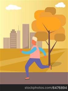 Roller-skating Man in Park Vector Illustration. Roller-skating man having fun in park in autumn, with sky, skyscrapers and golden tree and grass on background vector illustration