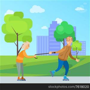 Rolling old man and woman vector, pensioners having fun in park, couple rolling and using wooden stick of granny, grandmother and grandfather in city. Old People Having Fun in Park, Man and Woman Rolling