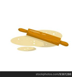 Rolling pin and dough. Wooden appliance for kitchen and cooking. Kneading dough. Cartoon flat illustration. Preparation of bread and pastries. Rolling pin and dough. Wooden appliance