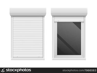 Rolling shutters. Roller blind windows metal frame. Open and closed white jalousie mockup. Home safety and privacy. Isolated glass protection louvers template. Vector plastic facade roll curtains set. Rolling shutters. Roller blind windows metal frame. Open and closed jalousie mockup. Home safety and privacy. Glass protection louvers template. Vector plastic facade roll curtains set