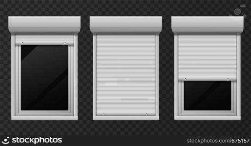 Rolling shutters. Windows roller blind metal frame, white jalousie, facade house safety office close window vector set. Rolling shutters. Windows roller blind metal frame, white jalousie, facade house safety office window vector set