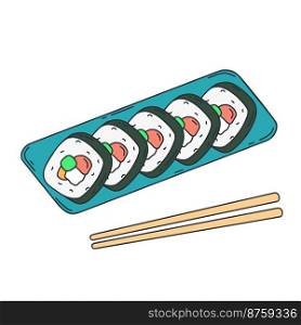 Rolls wrapped in dried seaweed sheets. Korean dish rolls with rice and stuffing. Asian food vector illustration. Rolls wrapped in dried seaweed sheets