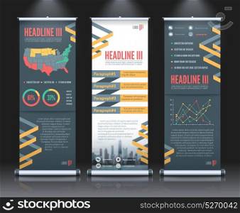 Rollup Banner Set Template. Three vertical modern rollup banner set template with ribbons and infographic elements vector illustration