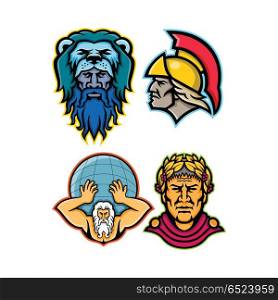 Roman and Greek Heroes Mascot Collection. Mascot icon illustration set of heads of Roman and Greek heroes and gods in mythology like Hercules or Heracles, Achilles or Achilleus, Atlas lifting globe and Gaius Julius Caesar viewed from on isolated background in retro style.. Roman and Greek Heroes Mascot Collection