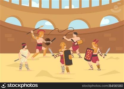 Roman armored soldiers fighting with swords, spears and whips. Cartoon vector illustration. Gladiator fight in Colosseum battlefield of ancient Rome, Greece. Ancient history, culture, battle concept