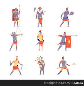 Roman army. Ancient rome, war battle legion warrior. Isolated cartoon antique people in helmet costumes, flat empire army vector characters. Roman army, spartan character with weapon illustration. Roman army. Ancient rome, war battle legion warrior. Isolated cartoon antique people in helmet costumes, flat empire army vector characters