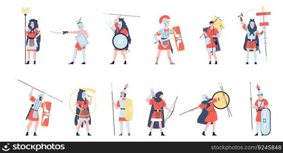 Roman army warriors characters. Rome soldier, trojan warrior gladiator. Ancient greek soldiers, war military empire cultures, recent vector set of army and gladiator roman illustration. Roman army warriors characters. Rome soldier, trojan warrior gladiator. Ancient greek soldiers, war military empire cultures, recent vector set
