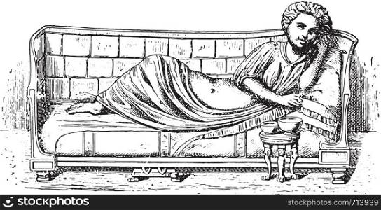 Roman bed cubicularius, vintage engraved illustration. Private life of Ancient-Antique family-1881.
