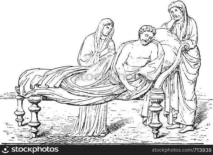 Roman bed, vintage engraved illustration. Private life of Ancient-Antique family-1881.