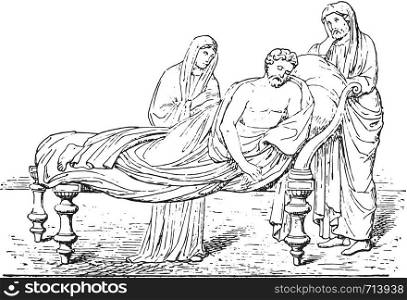 Roman bed, vintage engraved illustration. Private life of Ancient-Antique family-1881.