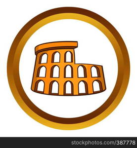 Roman Coliseum vector icon in golden circle, cartoon style isolated on white background. Roman Coliseum vector icon