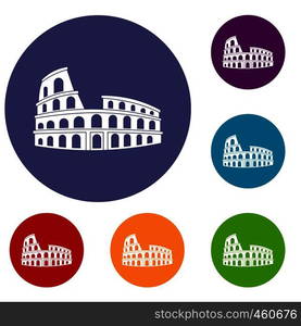 Roman Colosseum icons set in flat circle reb, blue and green color for web. Roman Colosseum icons set