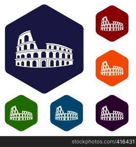 Roman Colosseum icons set rhombus in different colors isolated on white background. Roman Colosseum icons set