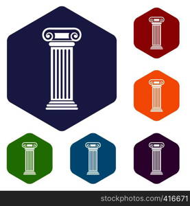 Roman column icons set rhombus in different colors isolated on white background. Roman column icons set