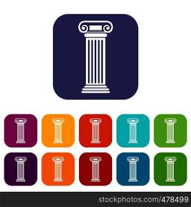 Roman column icons set vector illustration in flat style in colors red, blue, green, and other. Roman column icons set