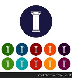 Roman column set icons in different colors isolated on white background. Roman column set icons