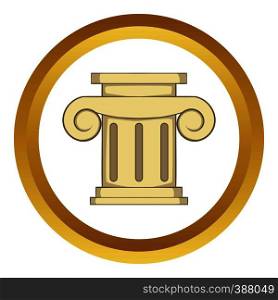Roman column vector icon in golden circle, cartoon style isolated on white background. Roman column vector icon