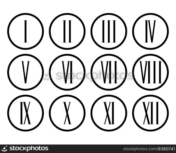 Roman numerals set collection. Roman numeral for clock. Vector illustration. Roman numerals set collection