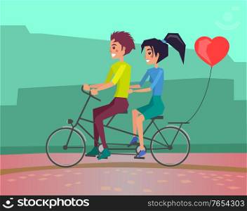 Romance and romantic relationship, couple on date riding bicycle and balloon vector. Girl and guy on bike, love and affection, dating and transport. Couple on Date Riding Bicycle and Balloon, Romance